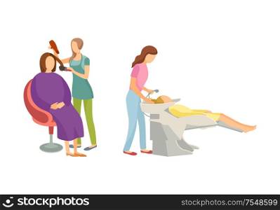 Spa procedure for hair in beauty salon cartoon set isolated vector people hairdresser and client. Haircutter r in uniform takes care of custumers on workplace. Spa Procedure for Hair in Beauty Salon Cartoon Set