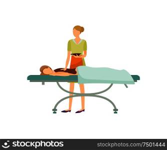 Spa procedure with healing mud or chocolate cartoon banner vector. Specialist in uniform with bowl of mixture greasing back of lying on table client. Spa Procedure with Healing Chocolate Spa Salon