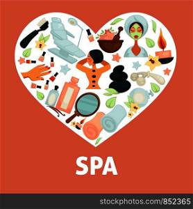 Spa procedures promotional poster with hot stones for massage, dermatologist chair, soft lotions, organic facial mask, warm towels and nail polishes cartoon flat vector illustrations inside big heart.. Spa procedures promotional poster with illustrations inside heart