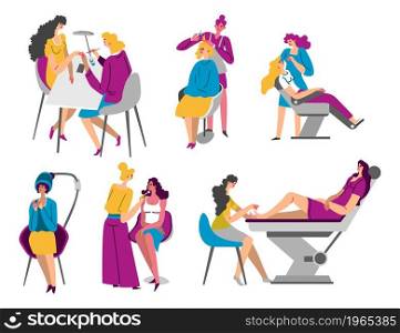 Spa salon and beauty procedures for women, hairdresser care, manicure and pedicure, facial and hairstyle finishing. Service of specialists and professionals. Vector in flat style illustration. Beauty salon and spa procedures for women vector