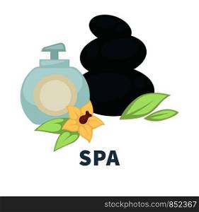 SPA salon and wellness center vector icon of massage hot stones and essential oil moisturizer with exotic flower and green leaf. SPA body care design of oriental natural beauty and relaxation treatments. SPA wellness massage stones and essential oil vector flat icon for body treatment salon