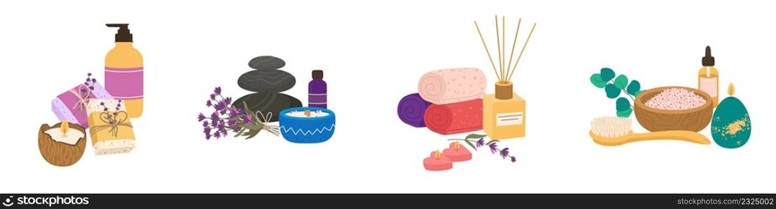 Spa salon aroma compositions. Massage and wellness studio accessories, relaxation and aromatherapy candles, hot stones and salt, lavender flowers and bath towels vector cartoon flat style isolated set. Spa salon aroma compositions. Massage and wellness studio accessories, relaxation and aromatherapy candles, hot stones and salt, lavender flowers and bath towels vector cartoon flat set