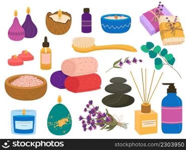 Spa salon aromatherapy elements. Burning candles, relax and wellness zone, lavender flowers and bath towels, stones and salt, female body care, interior elements, vector cartoon flat isolated set. Spa salon aromatherapy elements. Burning candles, relax and wellness zone, lavender flowers and bath towels, stones and salt, female body care, interior elements, vector isolated set
