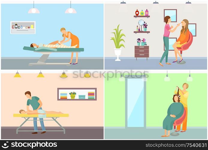 Spa salon body wrapping and hairstyling vector posters set. Body massage and makeup procedure made by cosmetician, beauty room interiors with specialists. Spa Salon Body Wrapping Hairstyling Vector Posters