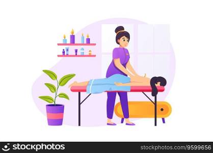 Spa salon concept in flat sty≤with peop≤sce≠. Masseuse makes back massa≥to client. Woman lying on couch receiving body treatment and cand≤light aromatherapy. Vector illustration for web design