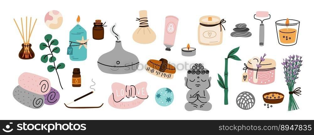 Spa salon elements. Aromatherapy and massage items. Cozy things and candles. Relax therapy objects. Aroma diffuser. Brush and stones. Meditation essentials. Humidifier and towels. Garish vector set. Spa salon elements. Aromatherapy and massage items. Cozy things and candles. Relax therapy objects. Brush and stones. Meditation essentials. Humidifier and towels. Garish vector set