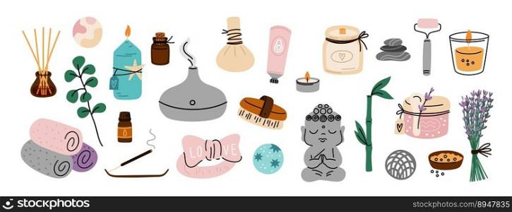 Spa salon elements. Aromatherapy and massage items. Cozy things and candles. Relax therapy objects. Aroma diffuser. Brush and stones. Meditation essentials. Humidifier and towels. Garish vector set. Spa salon elements. Aromatherapy and massage items. Cozy things and candles. Relax therapy objects. Brush and stones. Meditation essentials. Humidifier and towels. Garish vector set