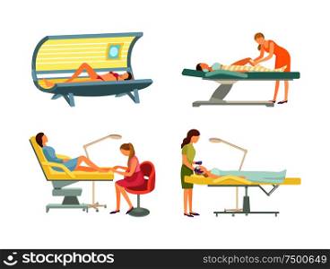 Spa salon epilation and tanning procedure isolated icons set vector. Sunroom and tan gaining, pedicuring painting toe of woman, cosmetician face care. Spa Salon Epilation and Tanning Procedure Vector