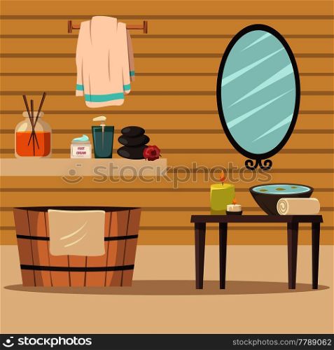 Spa salon flat colored background with massage relaxation and aroma therapy accessories vector illustration . Spa Salon With Accessories For Relaxation 