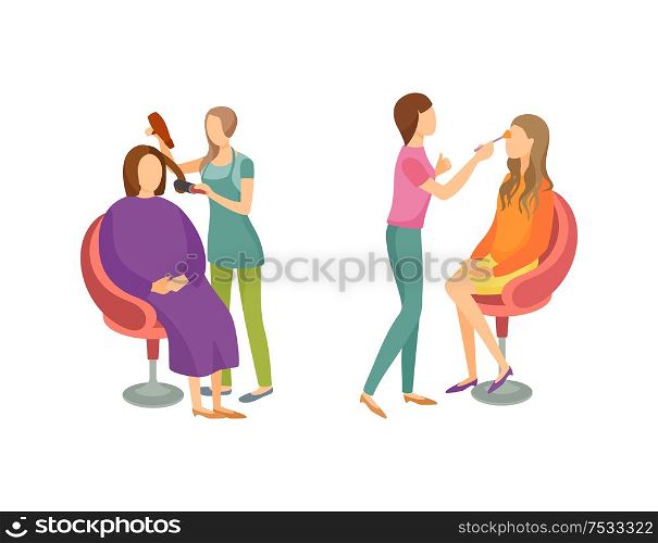 Spa salon hair styling and stylists working with clients. Isolated icons set vector treatment, making new haircuts and hairstyles of ladies in chairs. Spa Salon Hair Styling Stylists Icons Set Vector