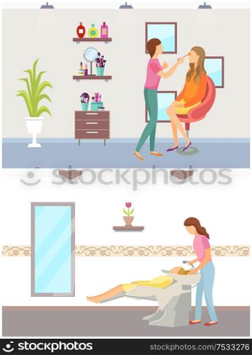 Spa salon, hair wash of client done by beauty expert. Cosmetician making makeup on females face. Styling new haircut hairstyle vector spa salon interior. Spa Salon Hair Wash of Client Beauty Expert Makeup