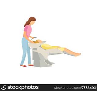 Spa salon, hair wash of client done by beauty expert. Isolated icon of people, woman having her color changed, styling new haircut hairstyle vector. Spa Salon Hair Wash Client and Expert Icon Vector
