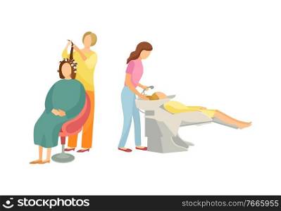 Spa salon hairdresser and stylist making new hairstyle. Isolated icons of people working in beauty industry set vector. Washing head of woman client. Spa Salon Hairdresser and Stylist Icons Set Vector