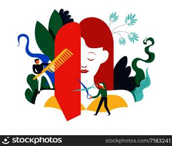 Spa salon, hairstyling process, changing of woman haircut vector. Men with scissors cutting long hair and with comb, hairbrush to smooth it. Lady having haircare by specialists, foliage and leaves. Spa salon, hairstyling process, changing of woman haircut