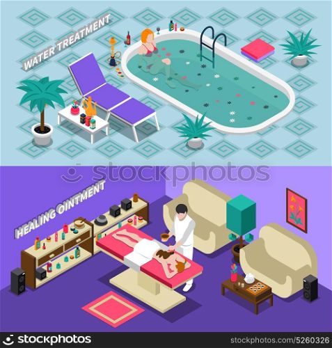 Spa Salon Isometric Banners. Spa salon isometric horizontal banners with water treatment healing ointment people and interior elements isolated vector illustration