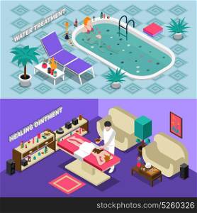 Spa Salon Isometric Banners. Spa salon isometric horizontal banners with water treatment healing ointment people and interior elements isolated vector illustration
