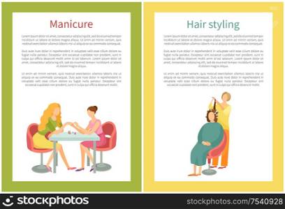 Spa salon, manicure and hand treatment, nails polishing vector. Isolated icon of manicurist and client, people talking at work. Pleasant procedure. Spa Salon Manicure Hand Treatment Nails Vector