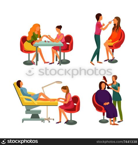 Spa salon manicure and pedicure nails polishing and care. Icons set, hair styling visagiste makeup of lady sitting in chair. Beauty procedures vector. Spa Salon Manicure and Pedicure Icons Set Vector