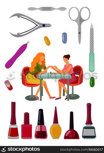 Spa salon manicure manicurist and tools for nail polishing service. Gels bottles with brushes, cuticle pusher and cutter, nipper and scissors vector. Spa Salon Manicure Manicurist and Tools Set Vector