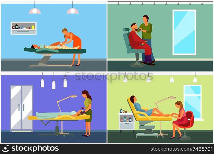 Spa salon massage and body wrap, cosmetician and barber shop, pedicure procedures. Vector beautician workers in spa salon, people in beauty room interior. Spa Salon Massage, Body Wrap, Cosmetician, Barber