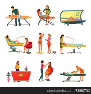Spa salon pedicure and barber shop procedures isolated icons vector. Receptionist on reception, massage and masseur, tanning process and cosmetician. Spa Salon Pedicure and Barber Ions Set Vector