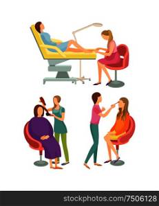 Spa salon pedicure and hair styling process making visage makeup. Isolated icons set vector of clients and specialists. Pedicurist and stylist working. Spa Salon Pedicure and Hair Styling Process Vector