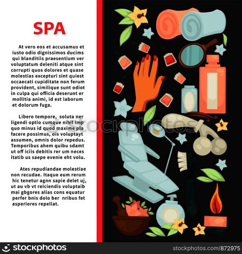 Spa salon poster with equipment for beauty procedures. Cosmetology chair, liquid means, soft towels, aromatic candles, hand with manicure, fragrant flowers and nail polishes vector illustration.. Spa salon poster with equipment for beauty procedures.