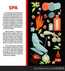 Spa salon poster with equipment for beauty procedures. Cosmetology chair, liquid means, soft towels, aromatic candles, hand with manicure, fragrant flowers and nail polishes vector illustration.. Spa salon poster with equipment for beauty procedures.