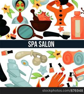 Spa salon poster with text and relaxing woman vector. Lady with clay mask on face, female with hot stones on back, massage by masseur. Oils and manicure with nail polishing gels, towels and chair. Spa salon poster with text and relaxing woman vector