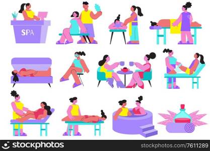 Spa salon procedure set of flat icons and isolated images of furniture and female doodle characters vector illustration