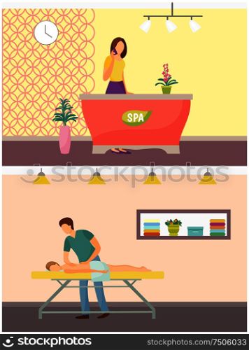 Spa salon reception and massage of skillful masseur wearing uniform. Procedures relaxing rubbing of clients back, receptionist talking on phone vector. Spa Salon Reception and Massage Procedure Vector