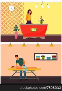 Spa salon reception and massage of skillful masseur wearing uniform. Procedures relaxing rubbing of clients back, receptionist talking on phone vector. Spa Salon Reception and Massage Procedure Vector
