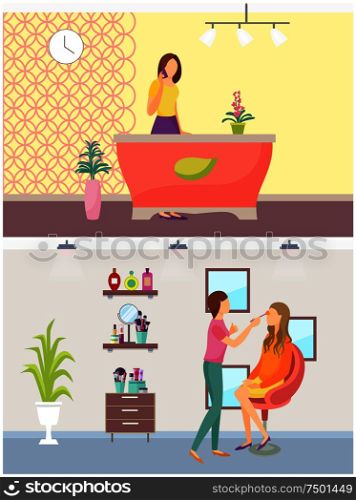Spa salon, reception and visage makeup set vector. Styling visagiste with cosmetics on shelves, receptionist with cell phone talking with clients. Spa Salon Reception and Visage Makeup Set Vector