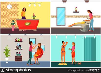 Spa salon reception and visage visagiste applying cosmetics on clients face vector. Tanning and hair styling hairdressers procedures, hairstyle change. Spa Salon Reception and Visage Visagiste Vector