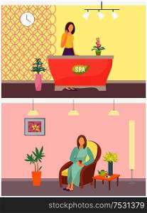 Spa salon reception woman appointing meetings on phone and resort relaxation set vector. Lady drinking refreshing tea from teapot wearing light gown. Spa Salon Reception and Resort Relaxation Vector