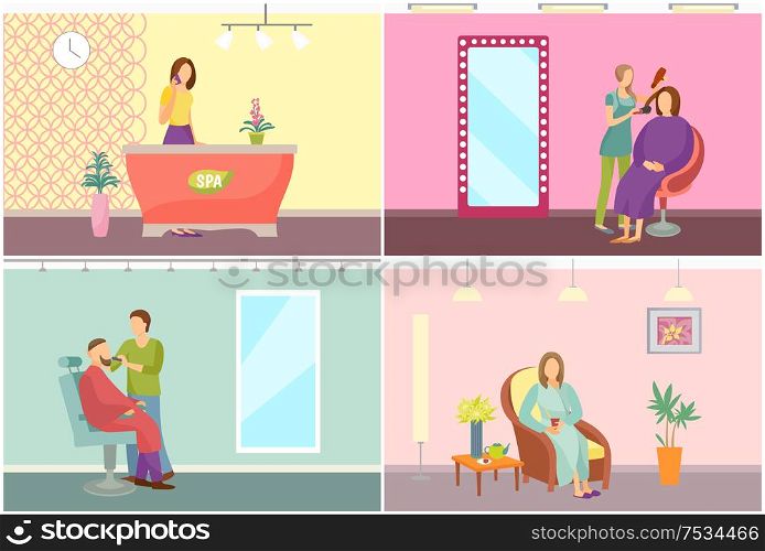 Spa salon, receptionist and barber with man vector. Reception worker with phone making calls, woman with cup of tea drinking beverage. Hair styling. Spa Salon Receptionist and Barber with Man Vector