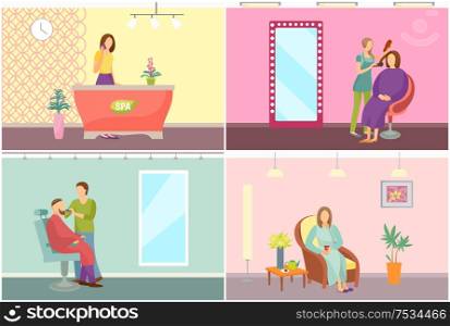 Spa salon, receptionist and barber with man vector. Reception worker with phone making calls, woman with cup of tea drinking beverage. Hair styling. Spa Salon Receptionist and Barber with Man Vector
