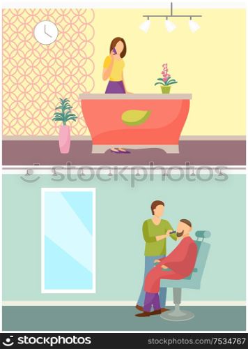 Spa salon receptionist woman talking on phone by table and barber shop set vector. Service for men, beard trimming and hairstyle changing modification. Spa Salon Receptionist and Barber Shop Vector