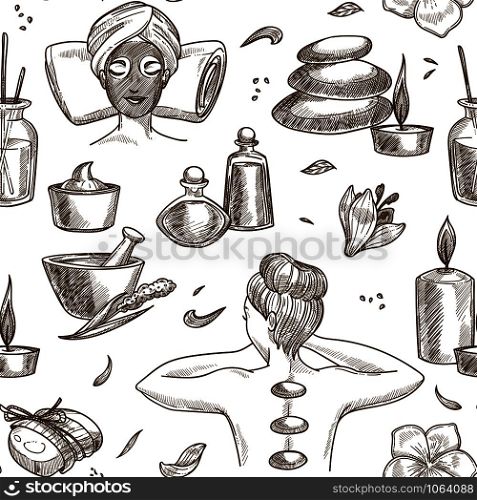 Spa salon services sketch seamless pattern woman beauty procedure girl with mask and towel on pillow pebble and candle oil in bottles and creams massage with hot stones aroma plants and soap vector.. Spa salon services sketch seamless pattern woman beauty procedure