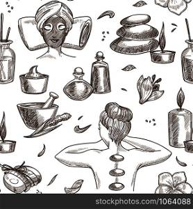 Spa salon services sketch seamless pattern woman beauty procedure girl with mask and towel on pillow pebble and candle oil in bottles and creams massage with hot stones aroma plants and soap vector.. Spa salon services sketch seamless pattern woman beauty procedure
