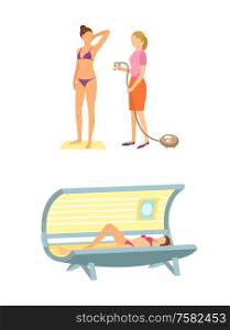 Spa salon solarium, tanning procedure by using special spray and liquids. Isolated icon of woman lying in sunroom, sunbathing process icon vector. Spa Salon Solarium Tanning Procedure Icon Vector