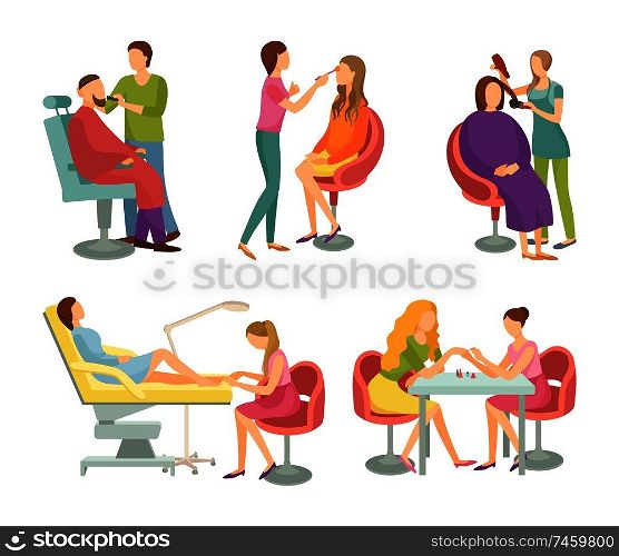 Spa salon treatment and procedures isolated icons set vector. Barber for man fashion and style, hair stylist and pedicurist, manicurist nails care. Spa Salon Treatment and Procedures Icons Vector