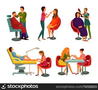 Spa salon treatment and procedures isolated icons set vector. Barber for man fashion and style, hair stylist and pedicurist, manicurist nails care. Spa Salon Treatment and Procedures Icons Vector