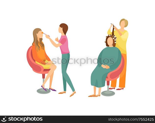 Spa salon visagiste and hairdresser set isolated icons vector. Woman making new hairstyle, wavy hair. Makeup of face, beautification of women clients. Spa Salon Visagiste and Hairdresser Set Vector