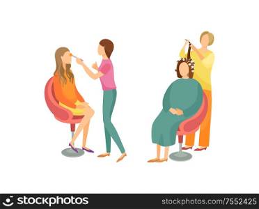 Spa salon visagiste and hairdresser set isolated icons vector. Woman making new hairstyle, wavy hair. Makeup of face, beautification of women clients. Spa Salon Visagiste and Hairdresser Set Vector