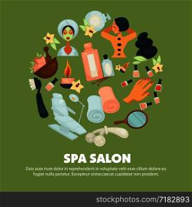 Spa salon with high quality skincare services promotional poster. Woman in towel and robe with mask, client that enjoys massage with hot stones and natural beauty means vector illustrations in circle.. Spa salon with high quality skincare services promotional poster