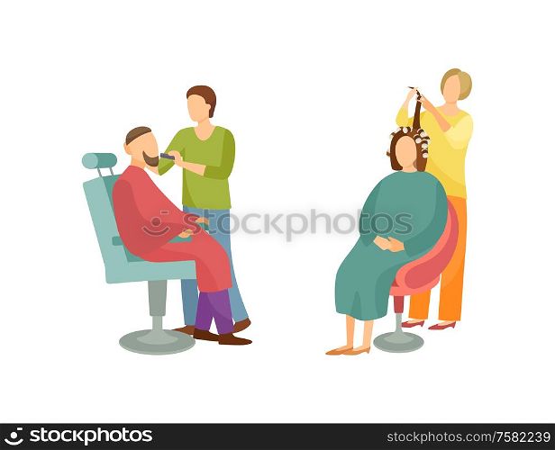 Spa salon woman and man barber hairdresser vector. Isolated icons set of people working in beauty industry, male and female clients changing hairstyle. Spa Salon Woman and Man Barber Hairdresser Vector