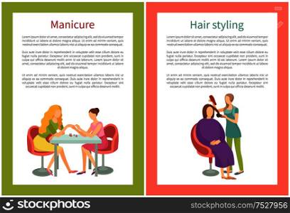 Spa salon, woman hair stylist using hair dryer making client haircut. Hairstyle changes and new style of lady sitting in chair. Manicure hand treatment. Spa Salon Woman with Hair Dryer Isolated Vector