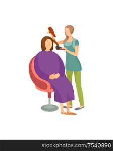 Spa salon, woman hair stylist using hair dryer making client haircut. Hairstyle changes and new style of lady sitting in chair. Isolated icon vector. Spa Salon Woman with Hair Dryer Isolated Vector