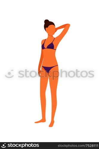 Spa salon, woman in bra and bikini, isolated lady vector. Female wearing bathing suit and posing, ready for procedures. Model gaining tan tanning. Spa Salon Woman in Bra and Bikini Isolated Vector